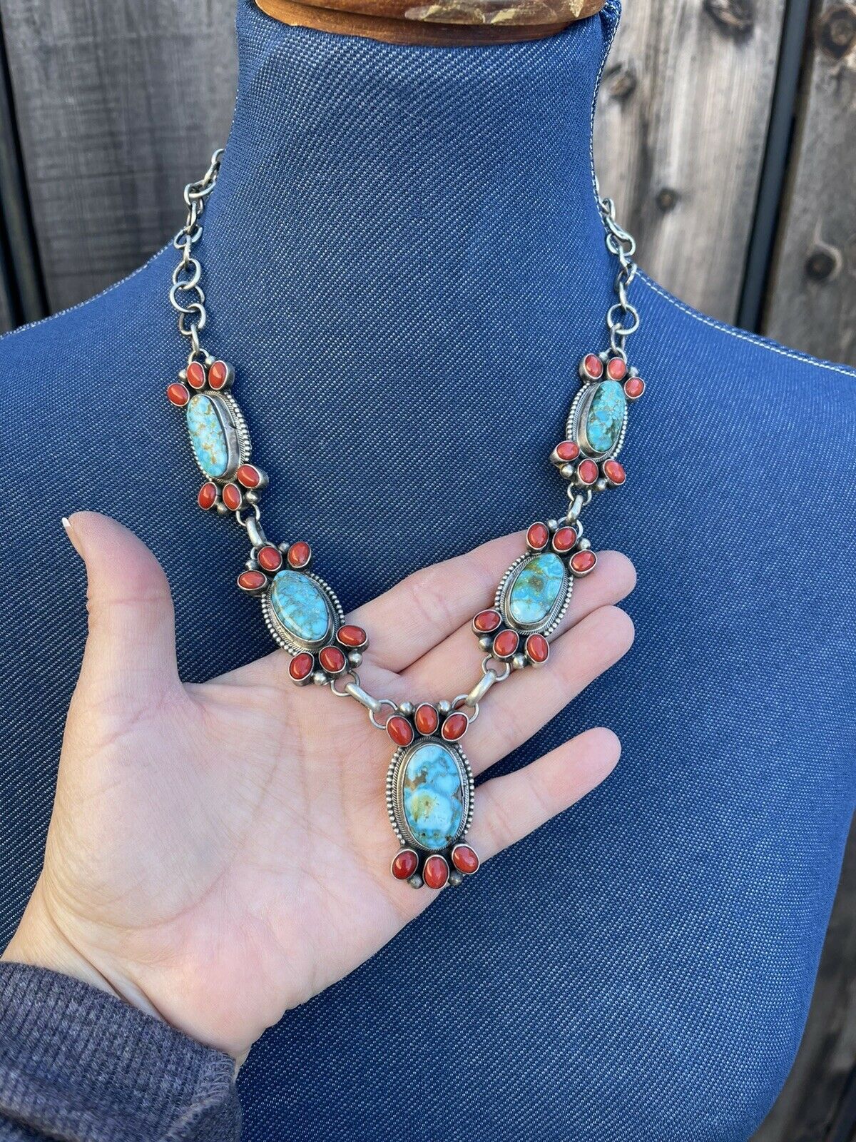 Handcrafted Sterling Kingman Turquoise Natural Red Coral Necklace Set Taos Collection