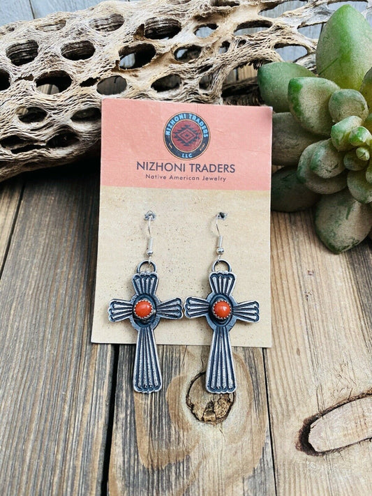 Handcrafted Coral & Sterling Silver Cross Dangle Earrings By Kevin Billah