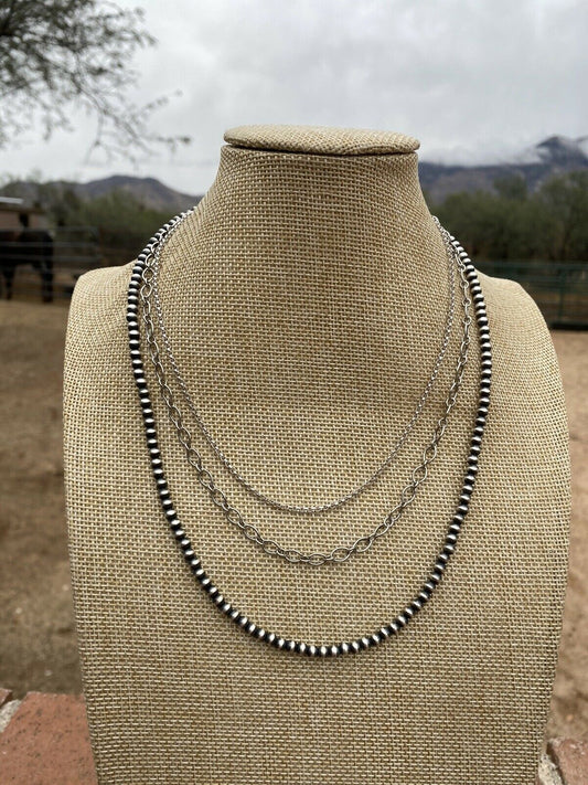 Handcrafted 3 Strand Sterling Silver Handcrafted Pearl & Chain Necklace 16-20 Inches