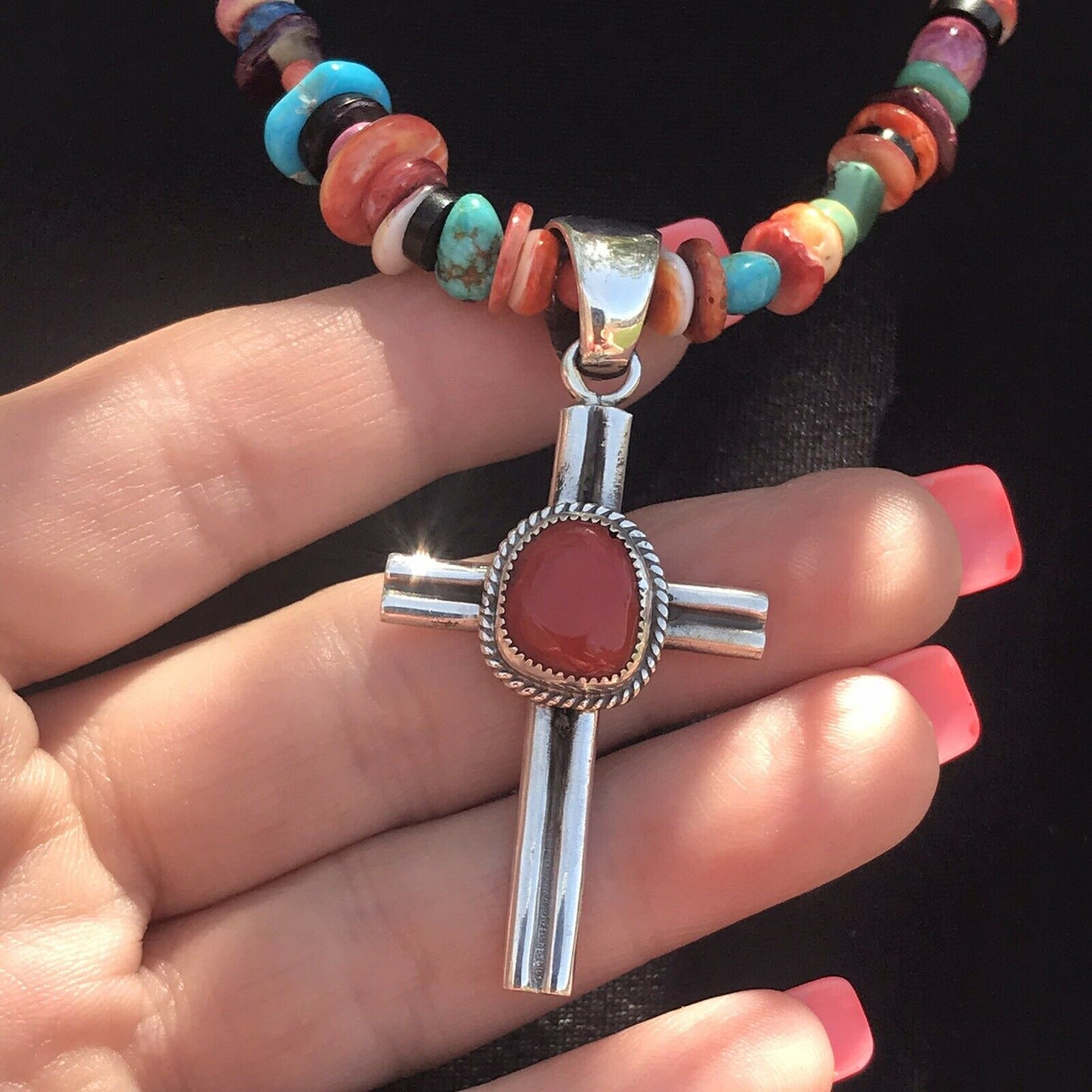 Navajo Sterling Silver Natural Red Coral Statement Cross Pendant Signed