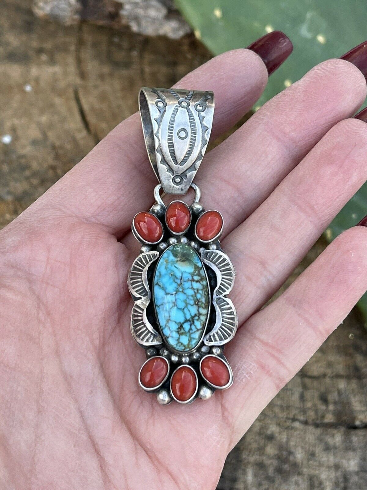 Handcrafted Sterling Kingman Web Turquoise & Red Coral Pendant Taos Collection