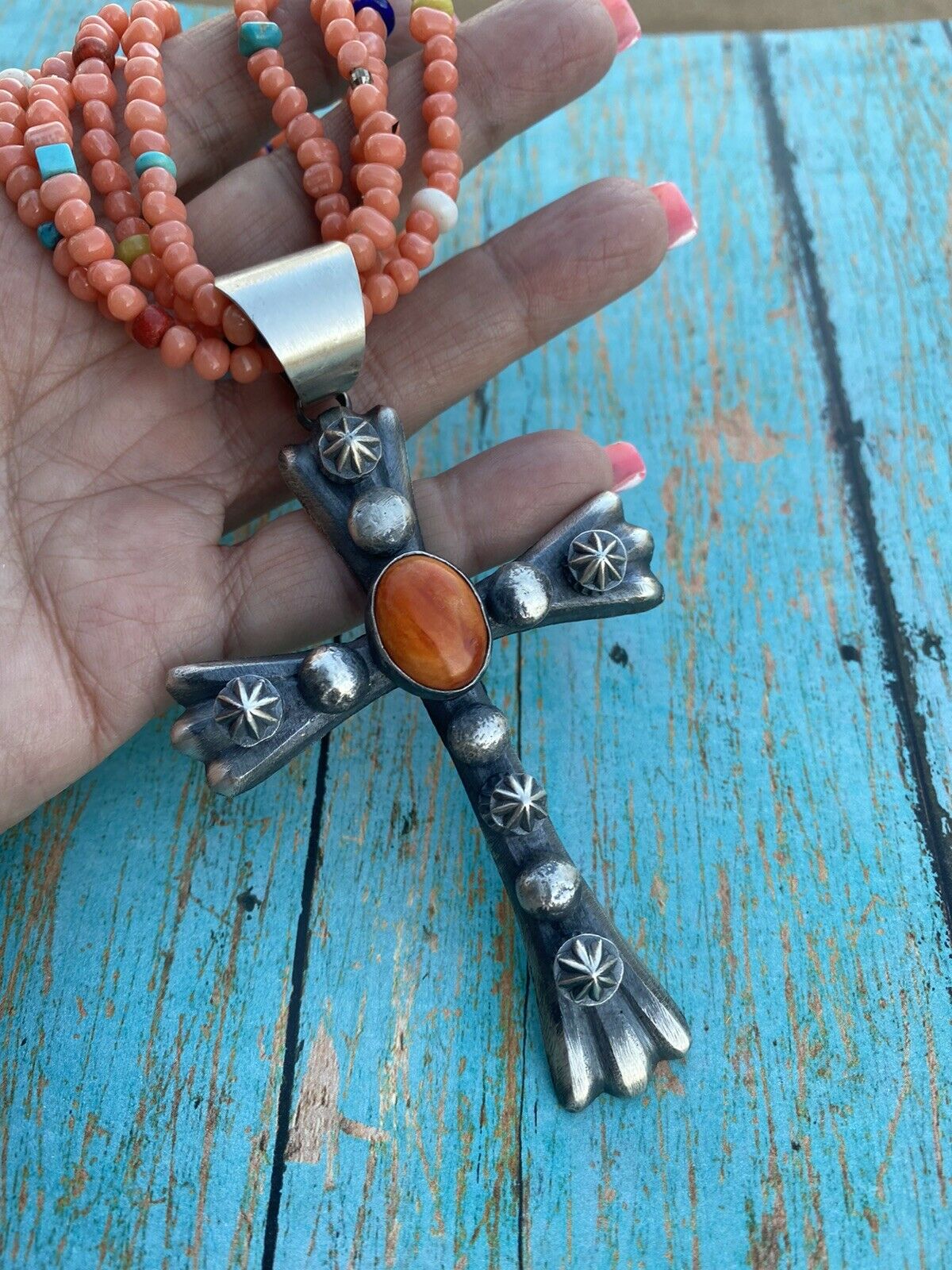 Handcrafted Sterling Silver & Orange Spiny Shell  Cross Pendant Chimney Butte