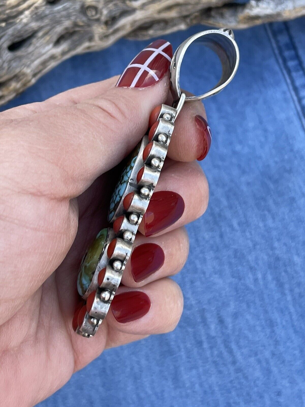 Handcrafted Sterling 2 Stone Kingman Web Turquoise & Red Coral Taos Pendant