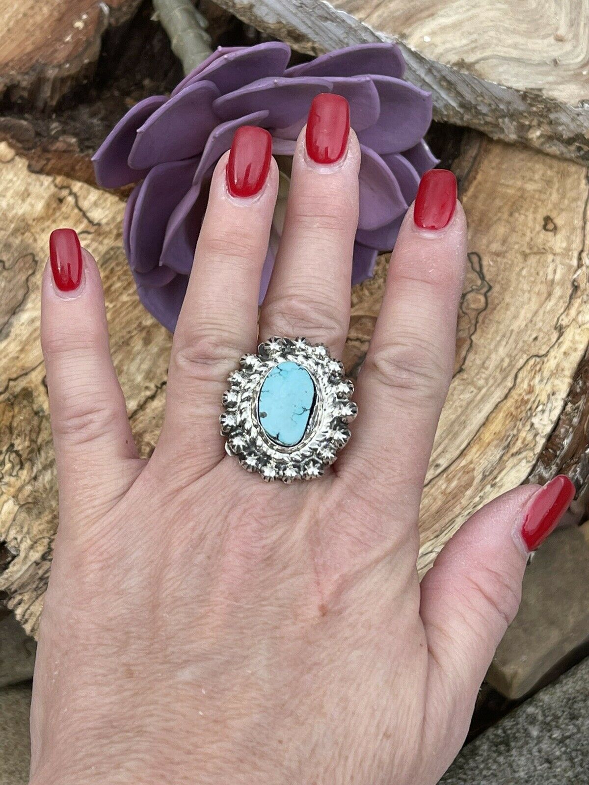 Handcrafted Sterling Carico Lake Turquoise Stone Sunburst Ring Size 8