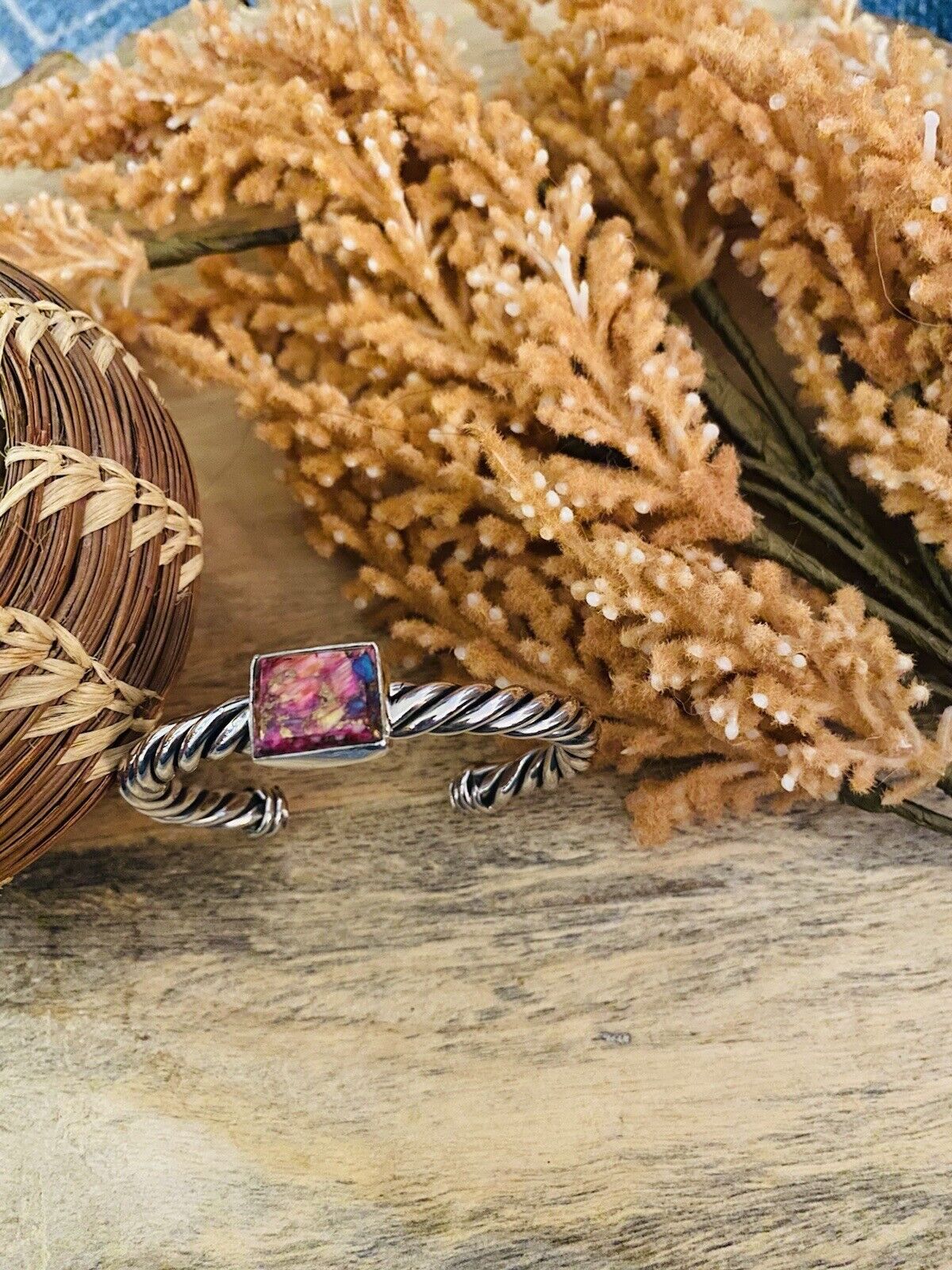 Handcrafted Pink Dream Mohave square & Sterling Silver Square Cuff Bracelet