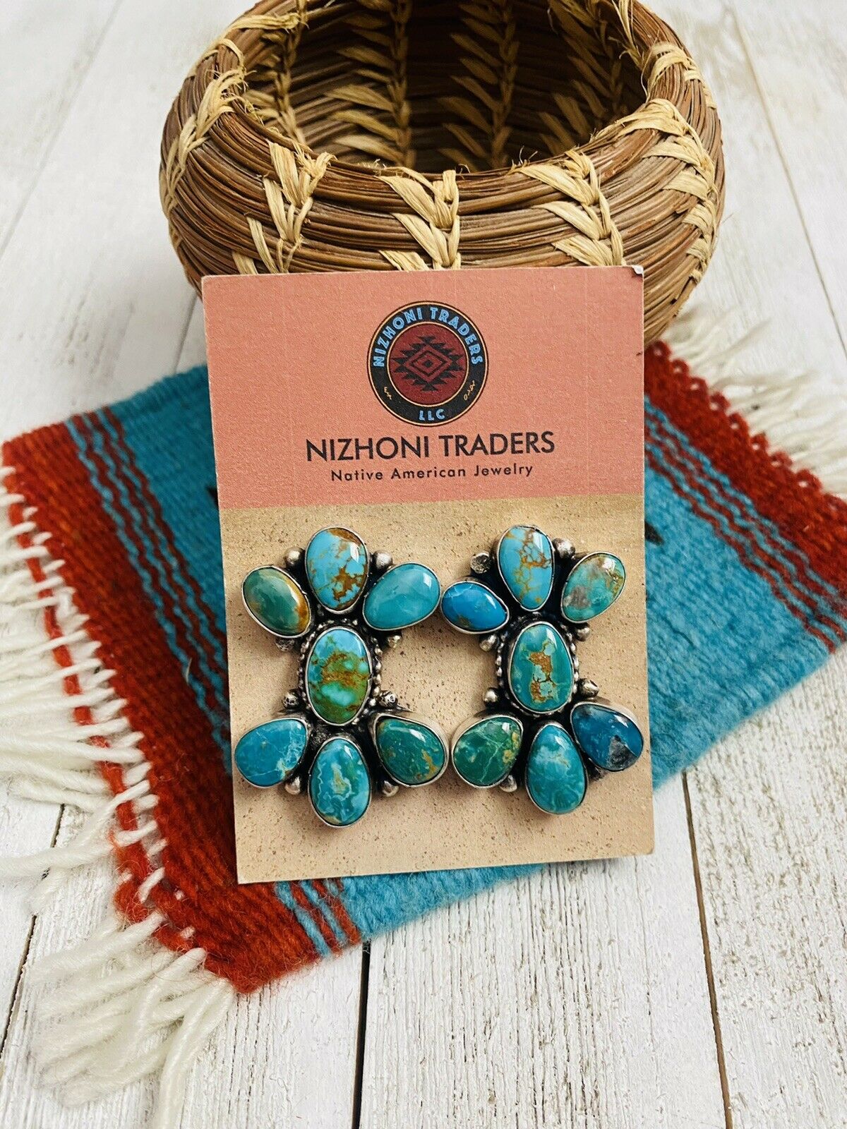 Navajo Sterling Silver & Royston Turquoise Cluster Post Earrings Signed