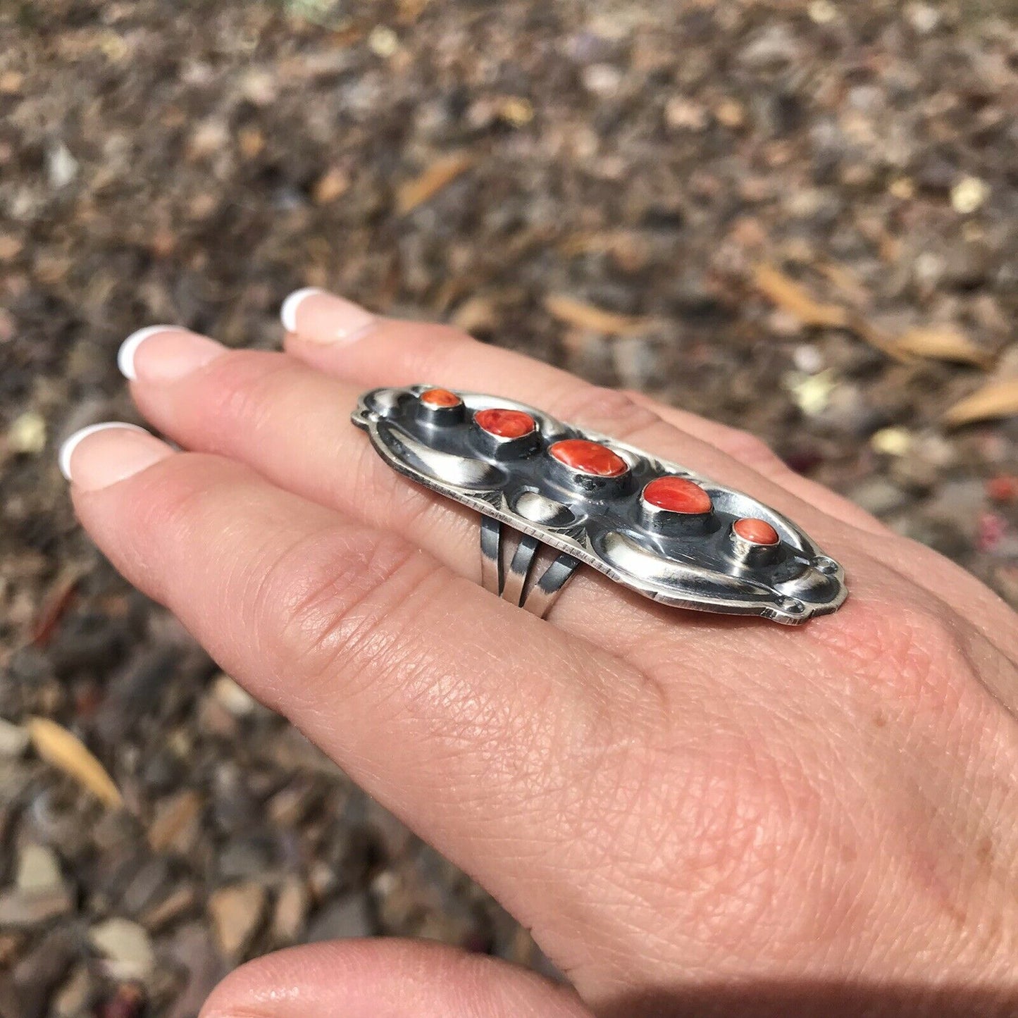 Handcrafted Sterling Silver Orange Spiny Oyster 5 Stone Ring