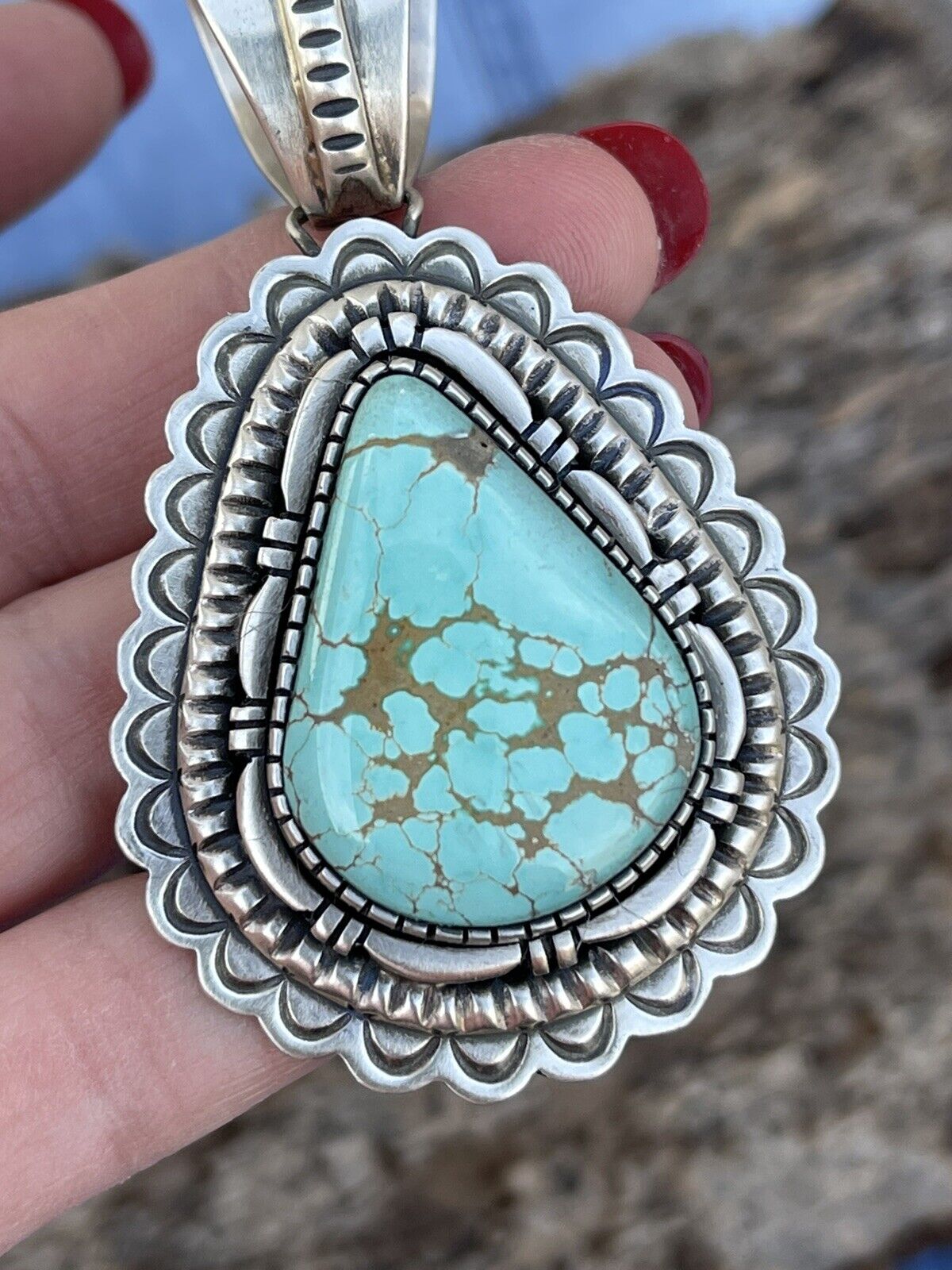 Handcrafted Number 8  Turquoise & Sterling Silver Jumbo Pendant Signed