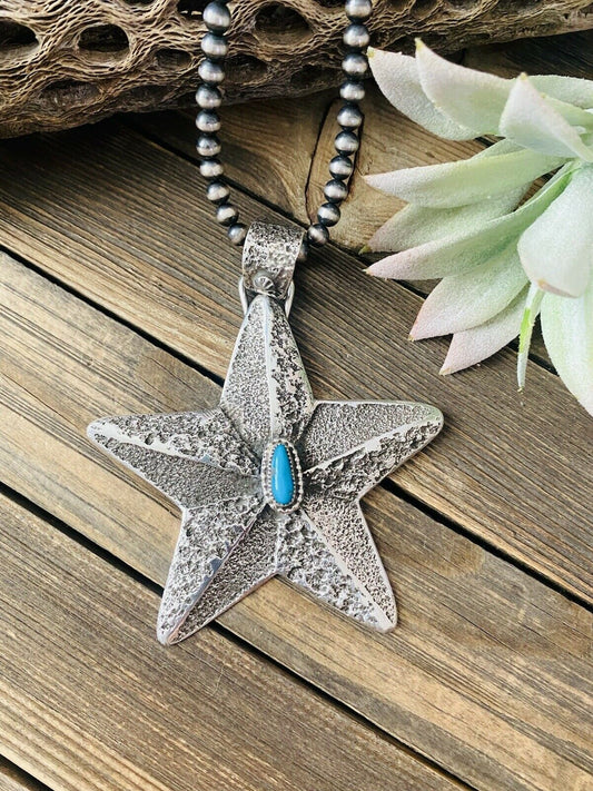 Handcrafted Turquoise & Sterling Silver Tufa Cast Star Pendant