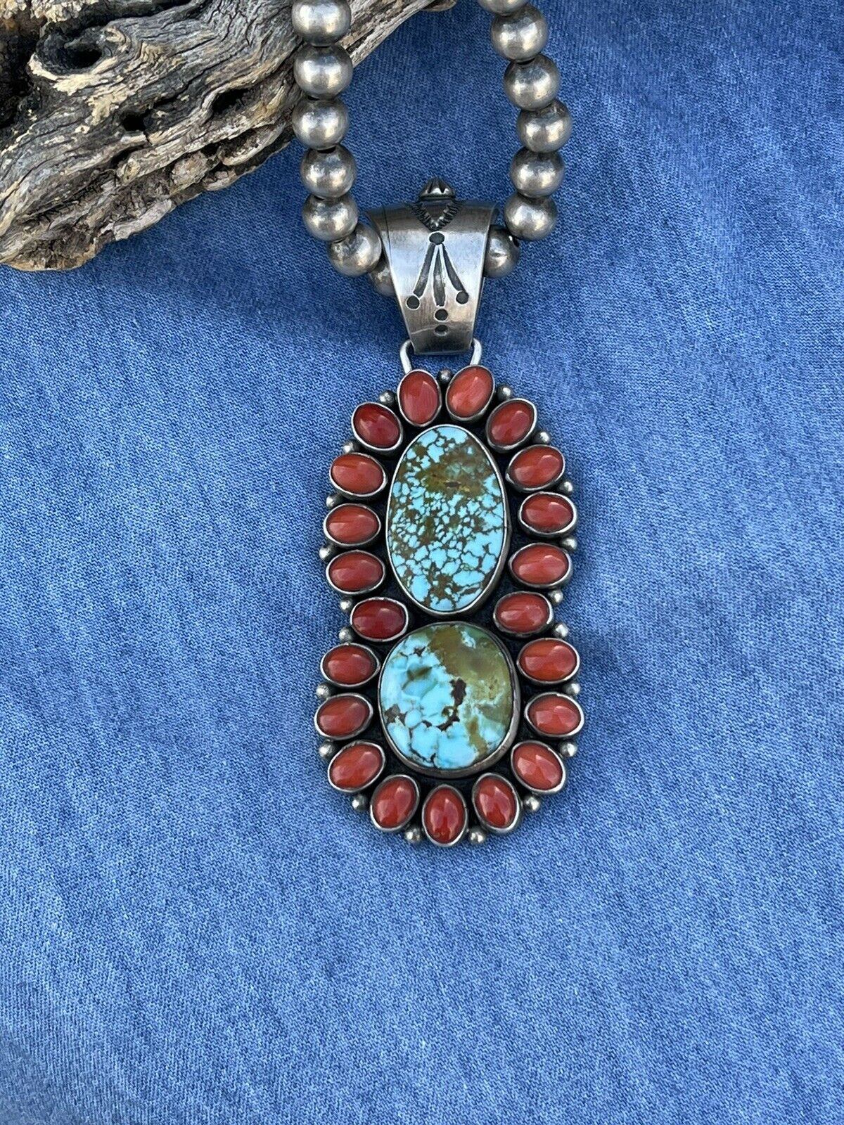 Handcrafted Sterling 2 Stone Kingman Web Turquoise & Red Coral Taos Pendant