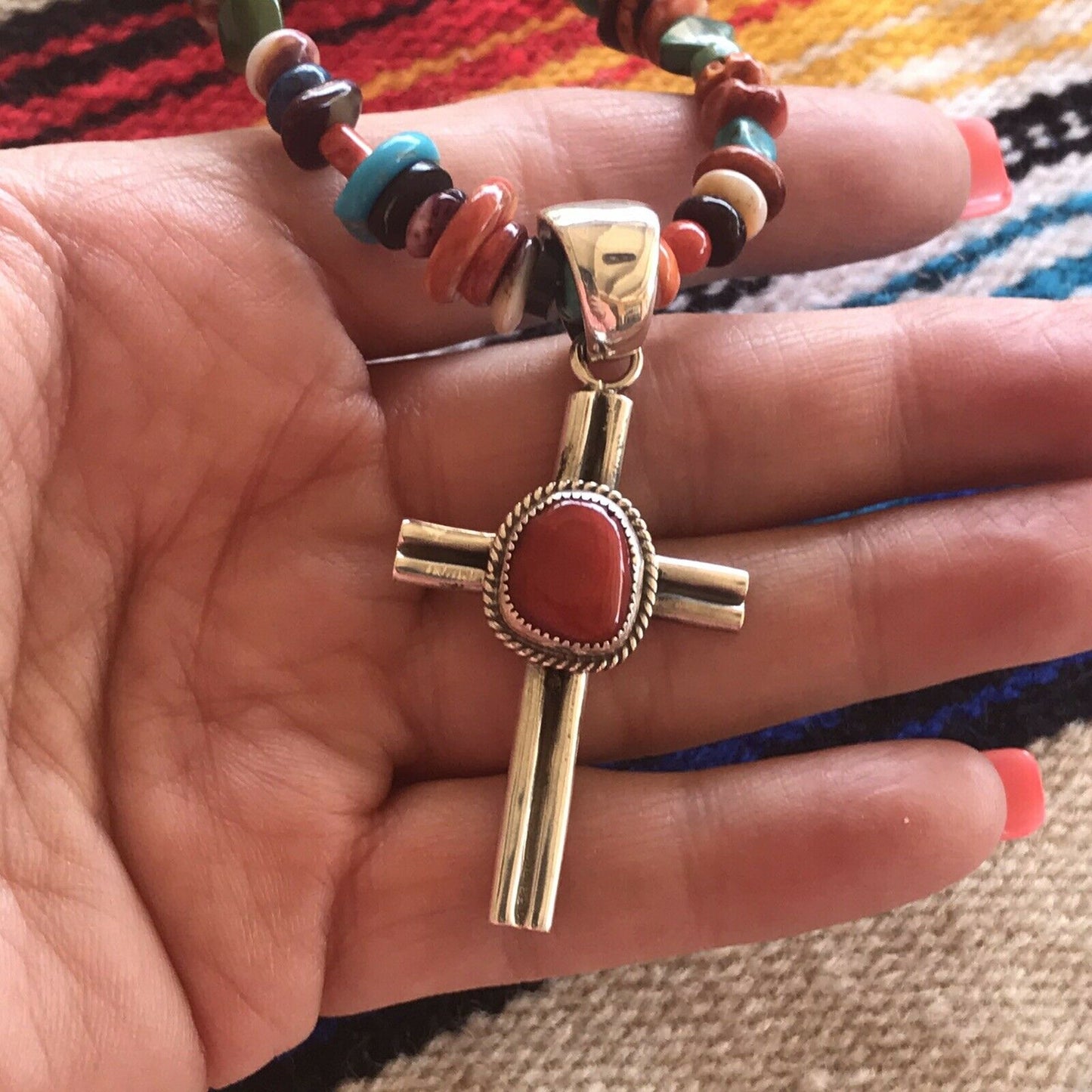 Navajo Sterling Silver Natural Red Coral Statement Cross Pendant Signed