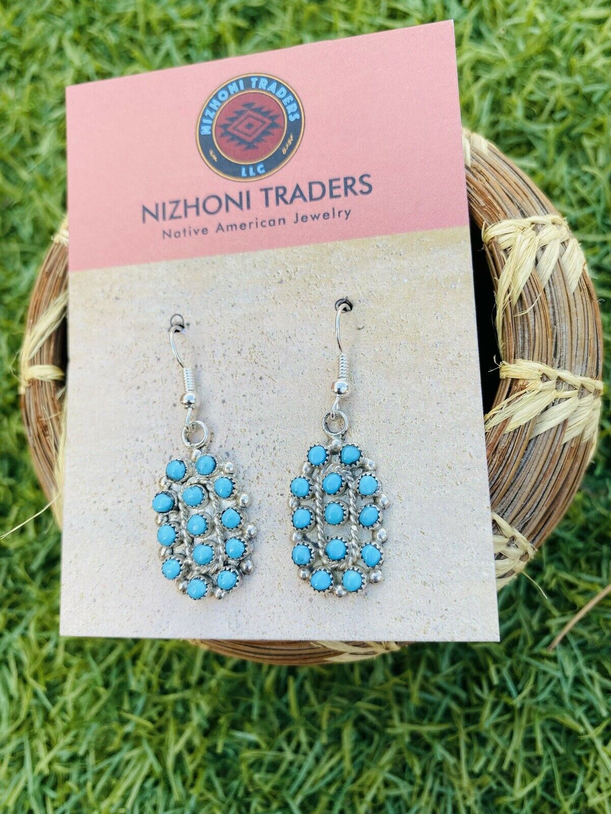 Zuni Sterling Silver & Turquoise Petit Point Cluster Dangle Earrings