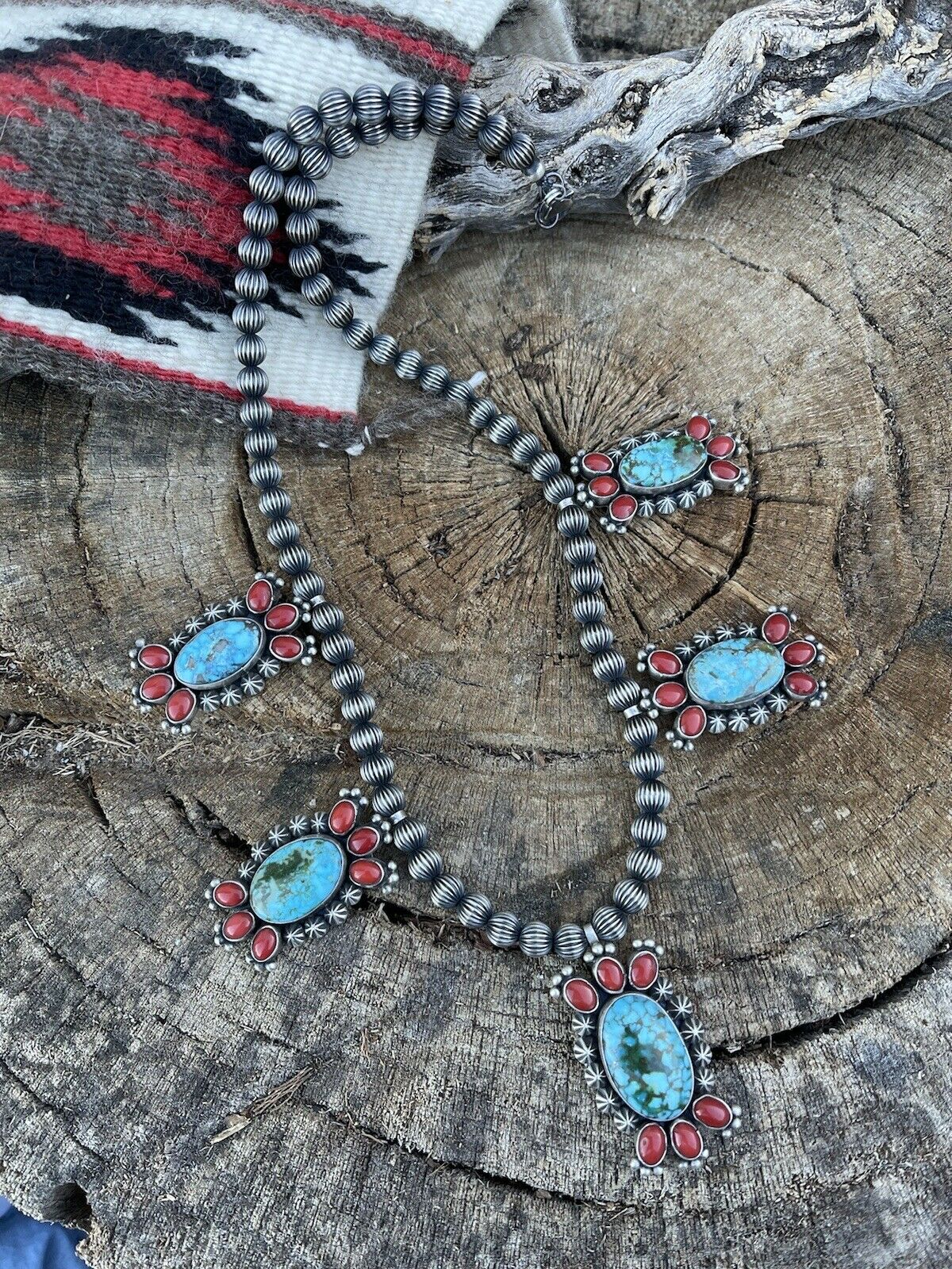 Handcrafted Sterling Kingman Turquoise Natural Red Coral Necklace Taos Collection