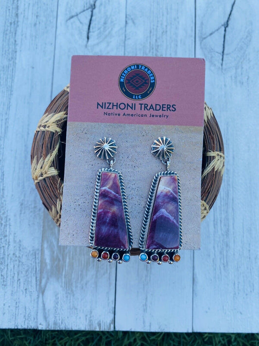 Handcrafted Sterling Silver, Purple Spiny & Turquoise Dangle Earrings Signed