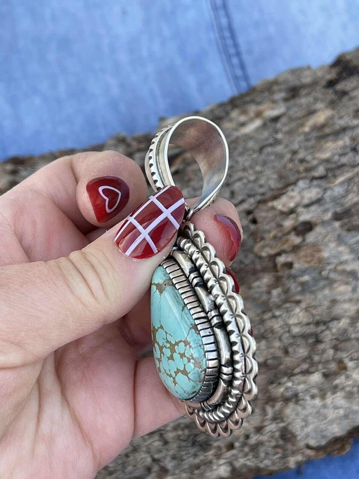 Handcrafted Number 8  Turquoise & Sterling Silver Jumbo Pendant Signed