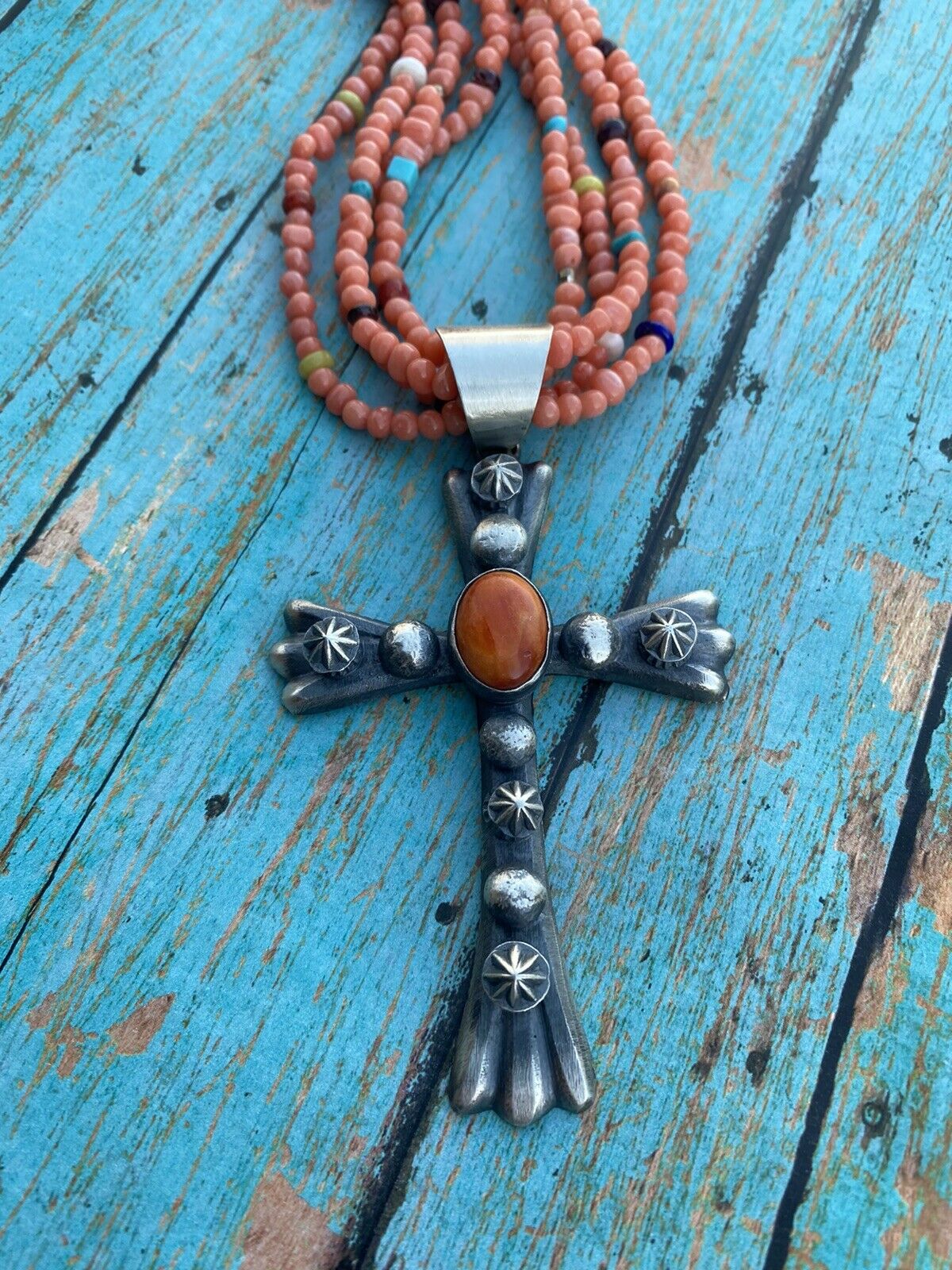 Handcrafted Sterling Silver & Orange Spiny Shell  Cross Pendant Chimney Butte