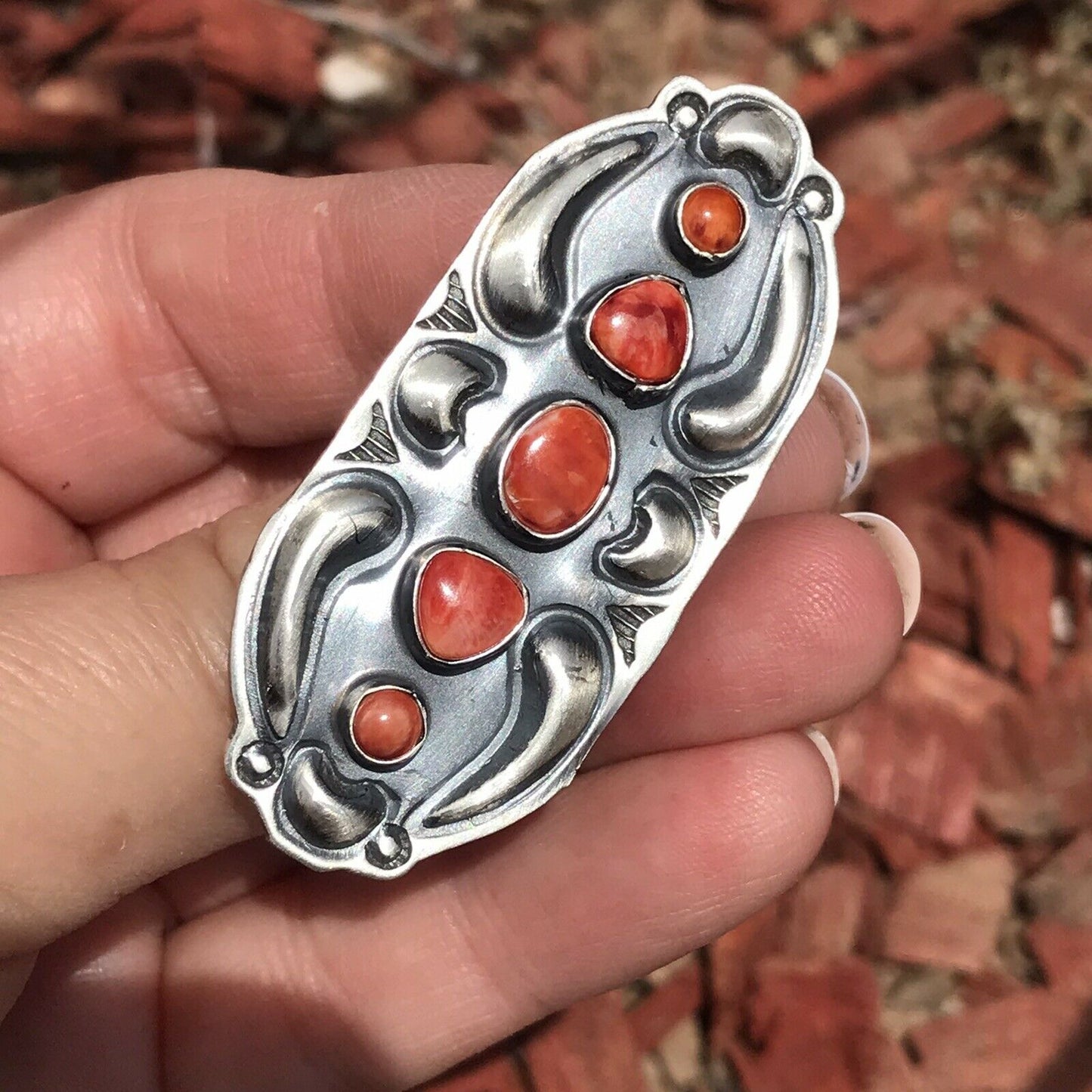 Handcrafted Sterling Silver Orange Spiny Oyster 5 Stone Ring