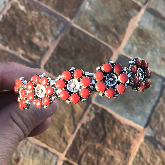 Handcrafted Coral & Sterling Silver Cuff Bracelet And Ring Set Signed And Stamped