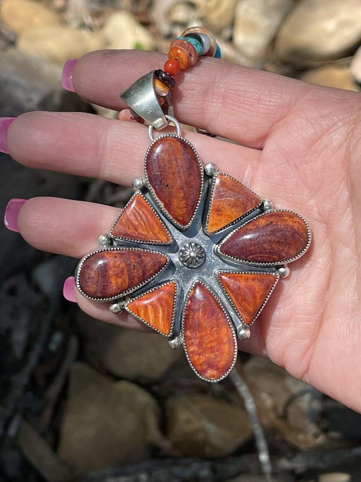 Handcrafted Sterling Silver Orange Spiny  Jumbo Cluster Pendant