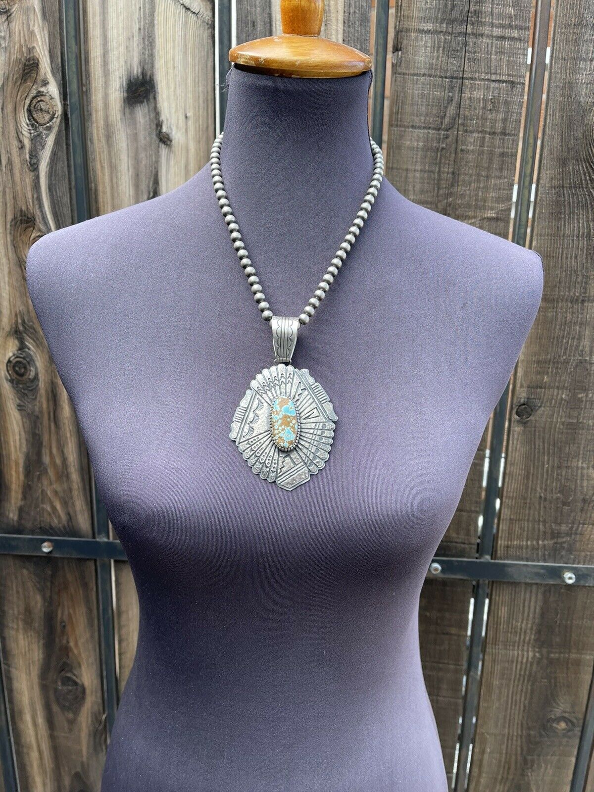 Handcrafted Number 8  Turquoise & Sterling Tufa Cast Jumbo Pendant Signed