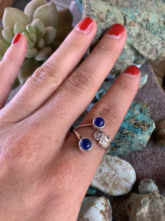 Handcrafted Lapis Sterling Silver Adjustable Flower Ring