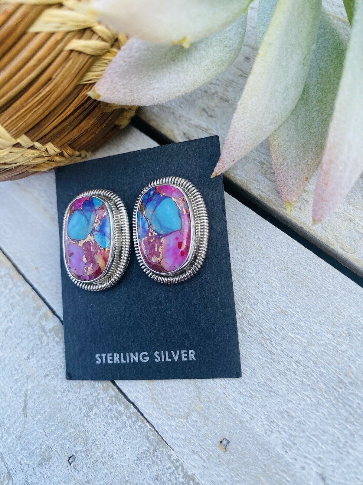 Navajo Pink Dream Mohave & Sterling Silver Post Earrings By Wydell Billie