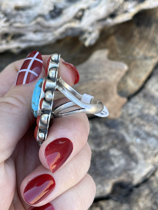 Handcrafted Sterling Silver Kingman Web Turquoise & Red Coral Taos Ring Sz 7.5