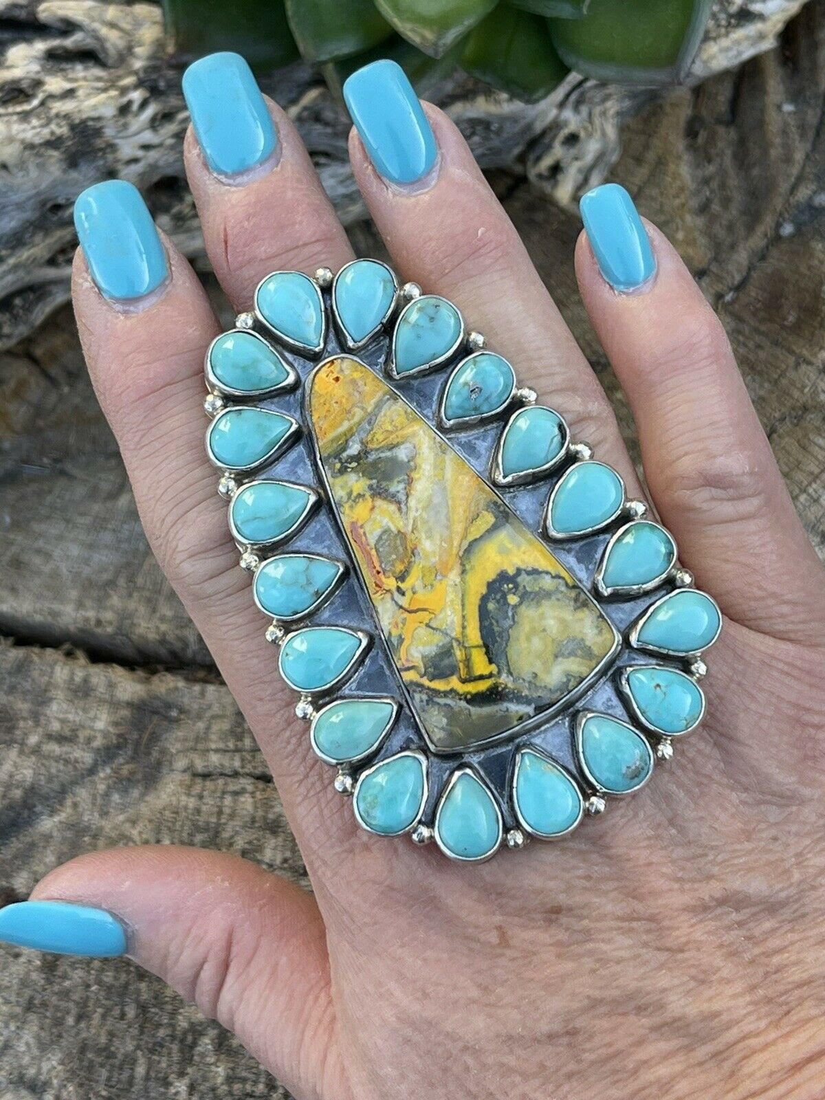 Navajo Sterling Bumblebee and Turquoise Stone Ring Sz 8.5