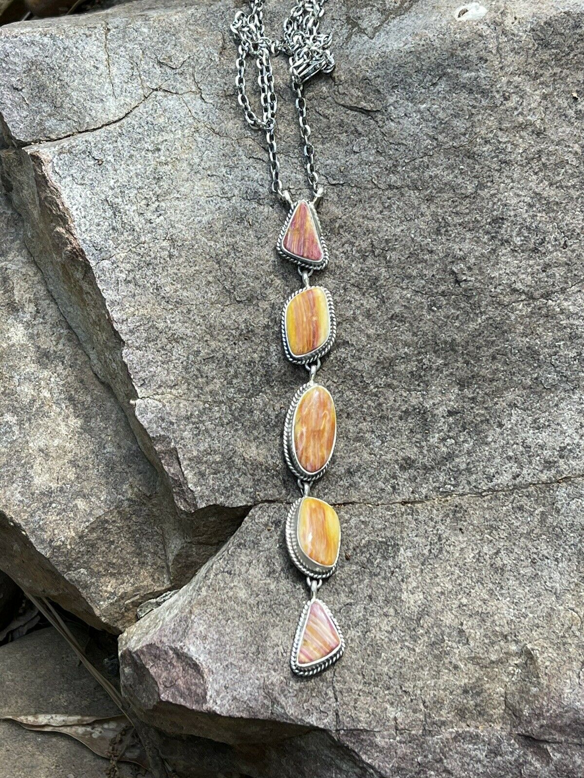 Handcrafted Spiny and Sterling 5 Stone Multi Shape Lariat Necklace