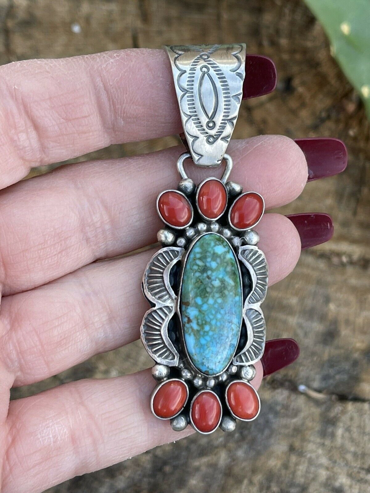 Handcrafted Sterling Kingman Web Turquoise & Red Coral Pendant Taos Collection