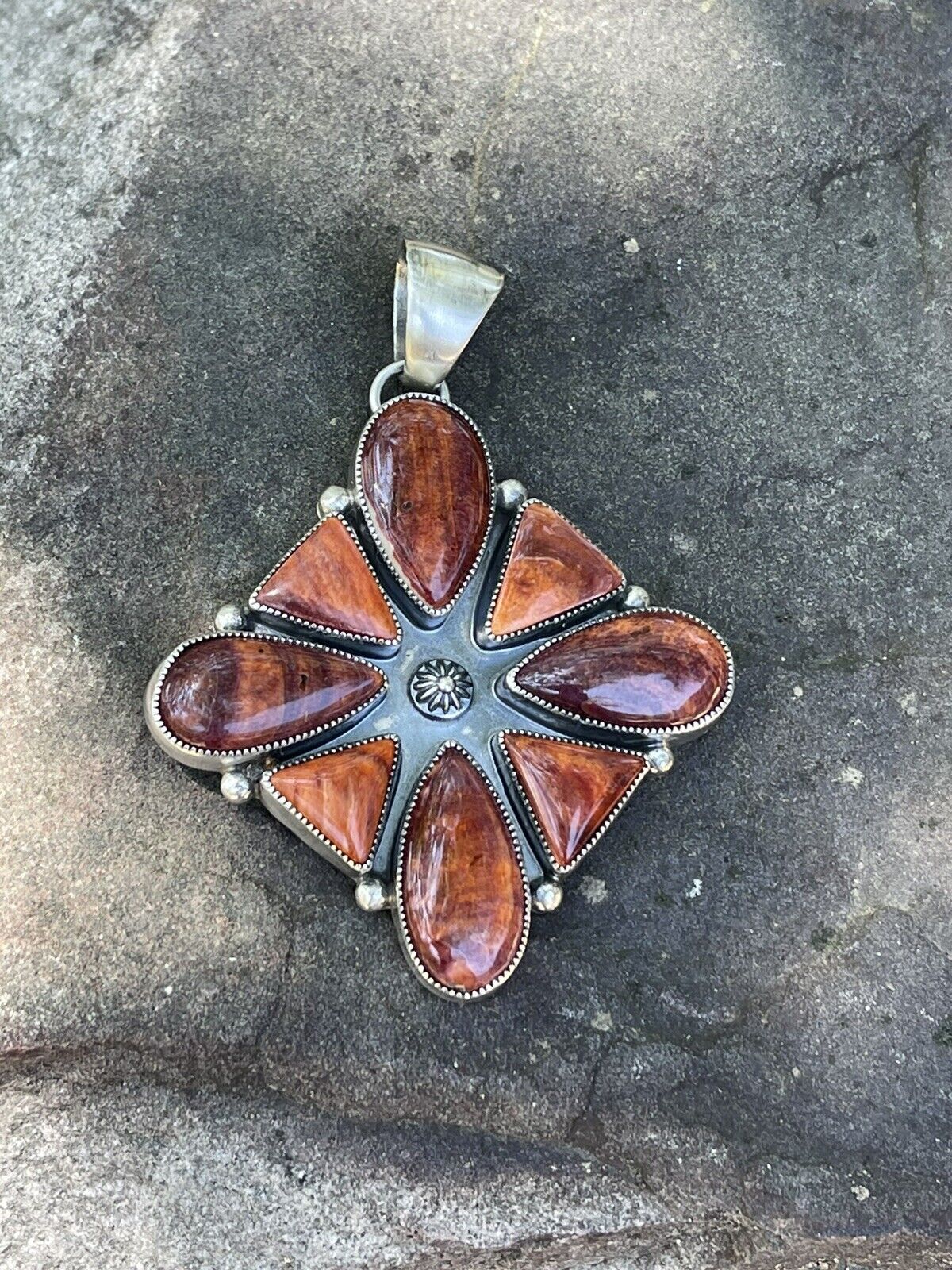 Handcrafted Sterling Silver Orange Spiny  Jumbo Cluster Pendant