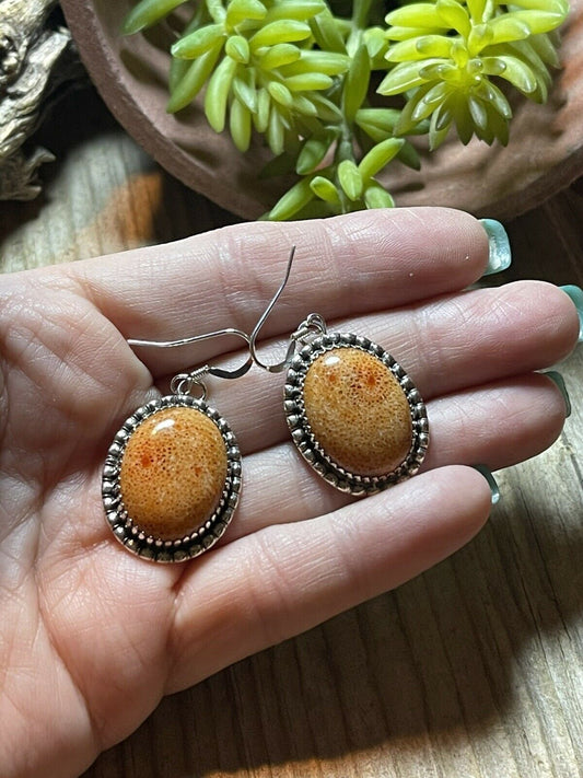 Handcrafted Sterling Silver Apple Coral Oval Dangle Earrings