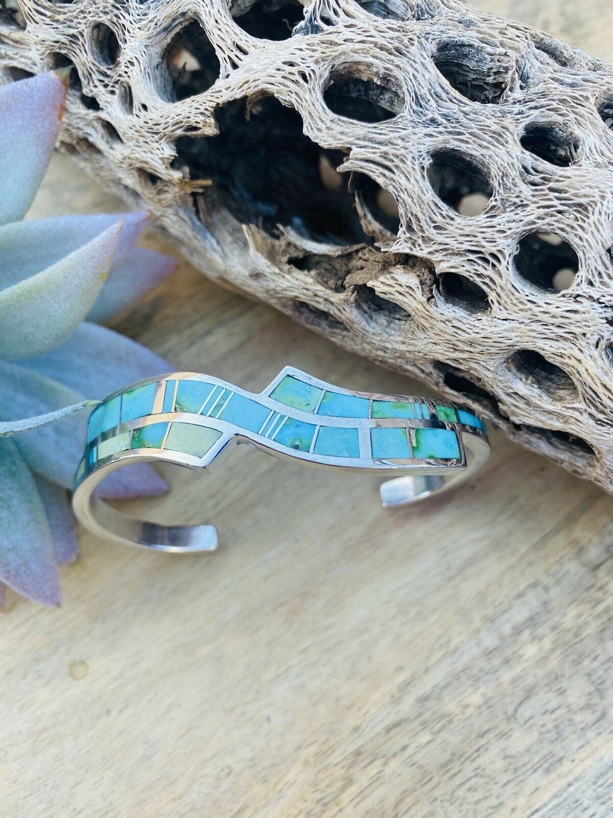 Navajo Sonoran Mountain Turquoise & Sterling Silver Inlay Cuff Bracelet