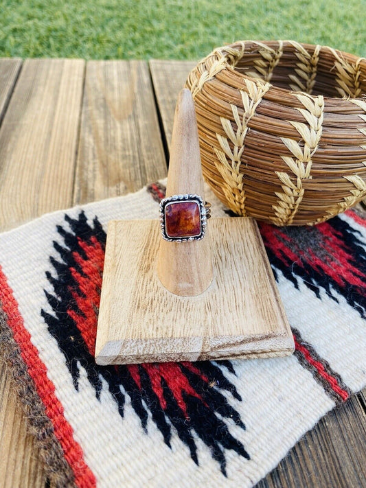 Handcrafted Sterling Silver & Orange Spiny Ring Size 6