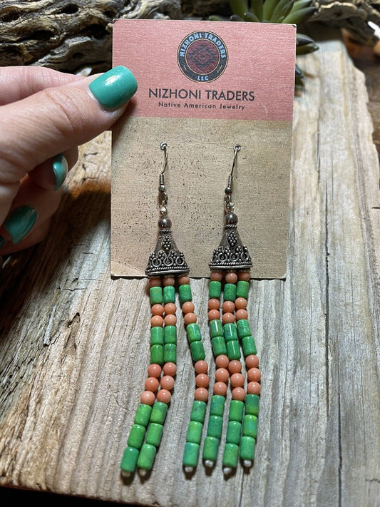 Handcrafted Sterling Dyed Green Kingman Turquoise and Pink Coral Bead Earrings