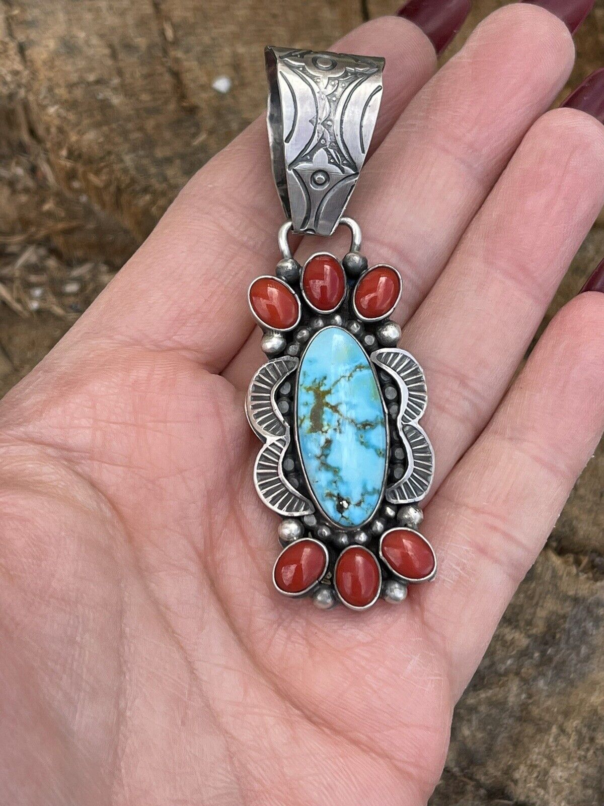 Handcrafted Sterling Kingman Web Turquoise & Red Coral Pendant Taos Collection