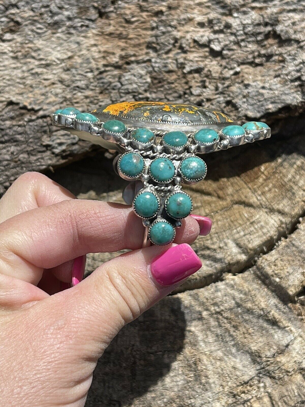 Handcrafted Sterling Silver Bumblebee & Turquoise Cluster Cuff Bracelet /