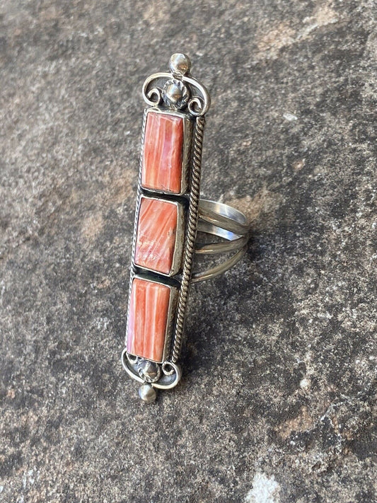 Navajo Spiny Oyster & Sterling Silver Ring Size 8.5 Signed