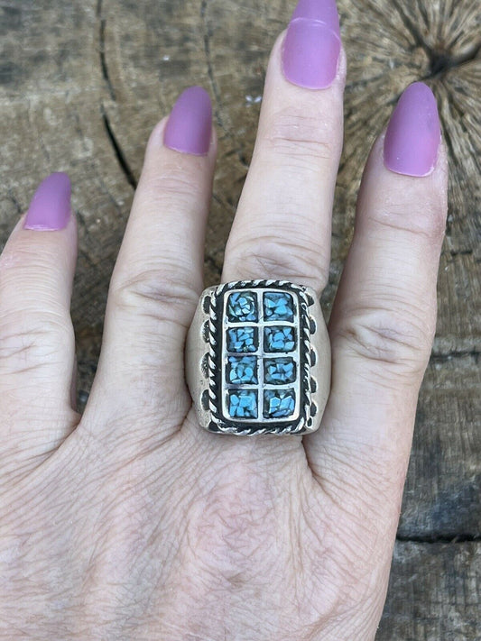 Handcrafted Unisex Turquoise Sterling Silver Statement Ring Sz 10.5