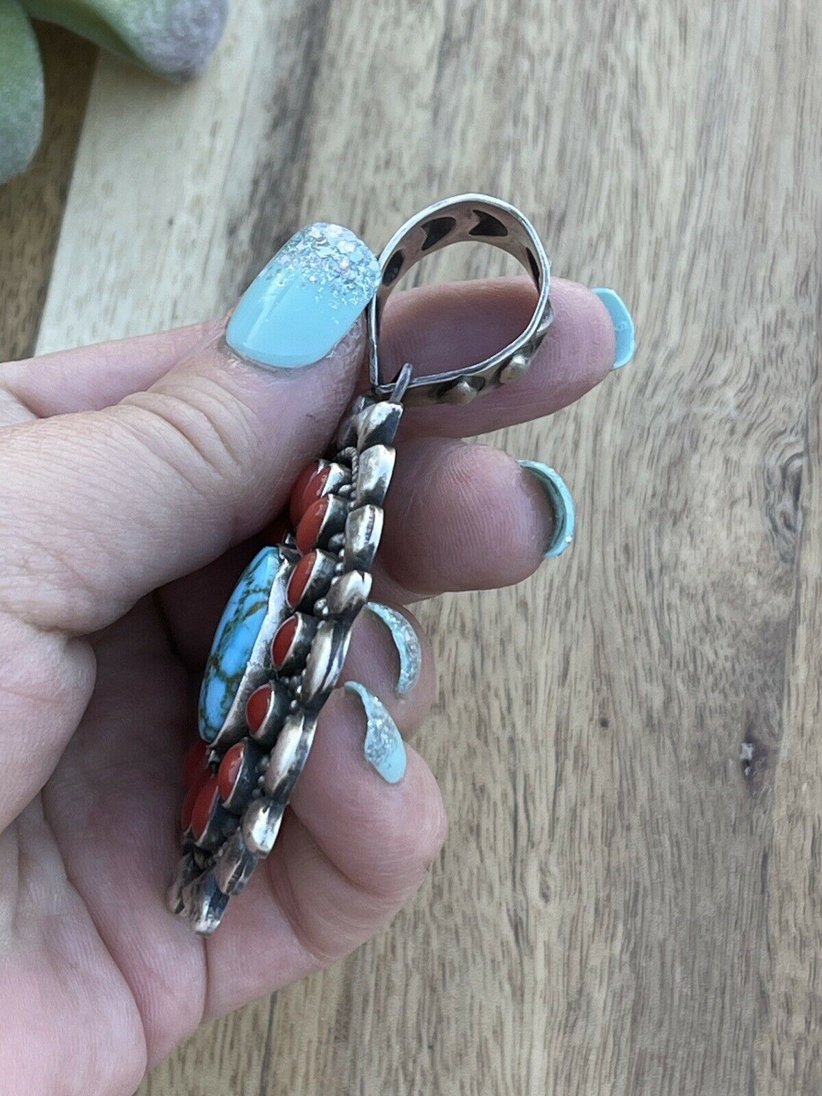 Handcrafted Kingman Web Turquoise & Red Coral Taos Ornate Pendant D. Clark