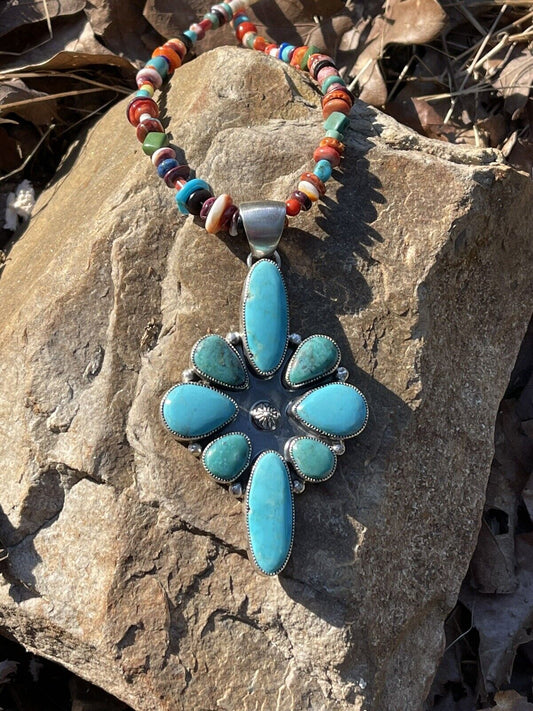Handcrafted Multi Turquoise Cluster & Sterling Pendant Signed