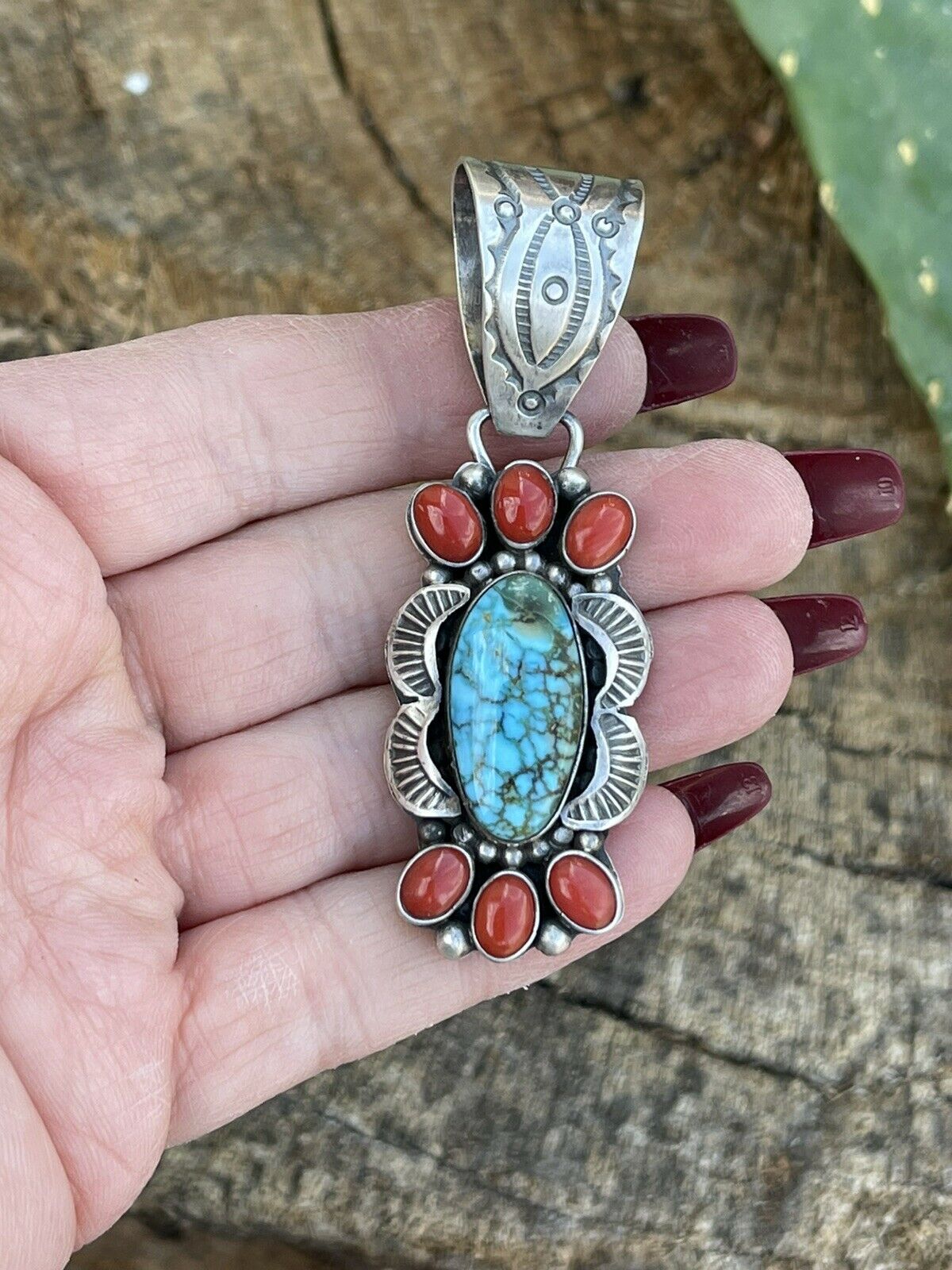 Handcrafted Sterling Kingman Web Turquoise & Red Coral Pendant Taos Collection