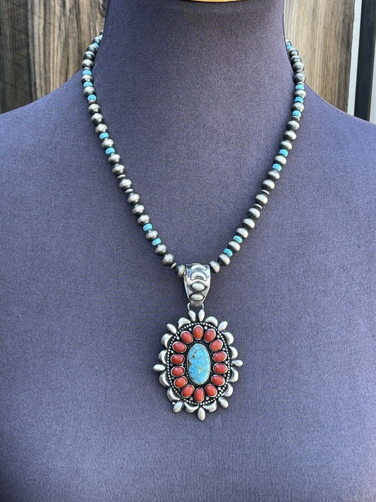 Handcrafted Sterling Kingman Web Turquoise & Red Coral Taos Ornate Pendant D. Clark