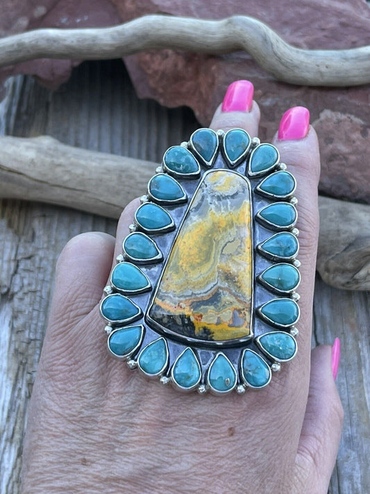 Handcrafted Sterling Bumblebee and Turquoise Stone Ring Sz 8