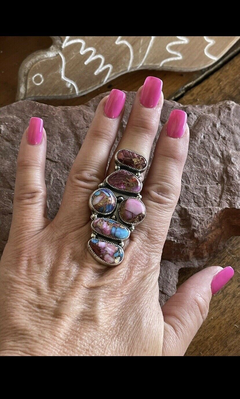 Handcrafted Pink Dream Mohave & Sterling Silver 6 Stone Ring