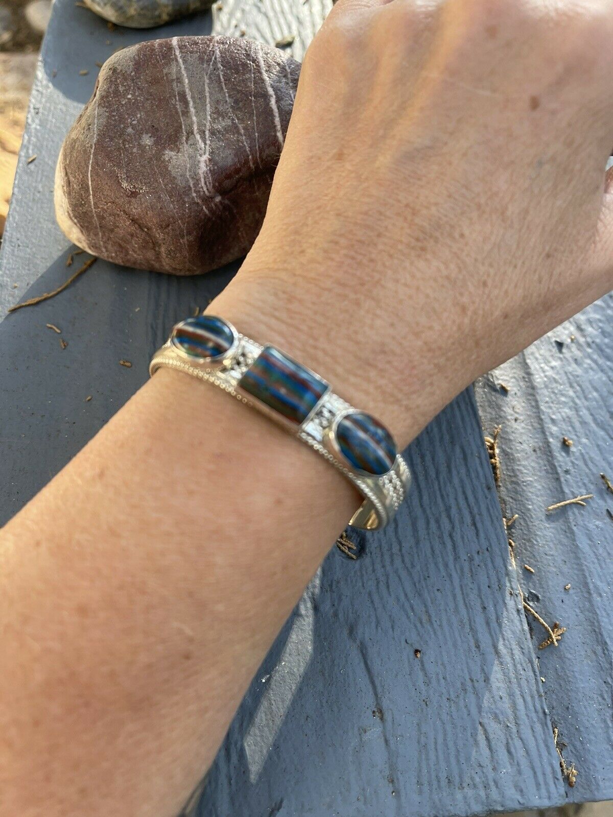 Unique Handcrafted Sterling Silver & Rainbow Stone Elegant Cuff Bracelet