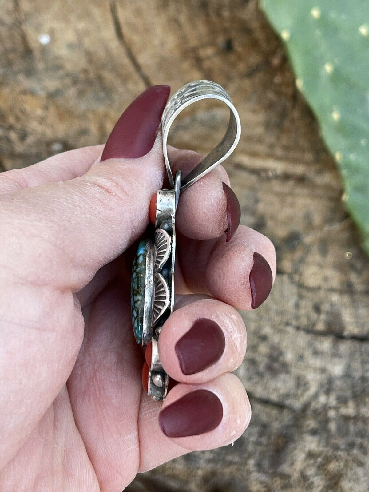 Handcrafted Sterling Kingman Web Turquoise & Red Coral Pendant Taos Collection