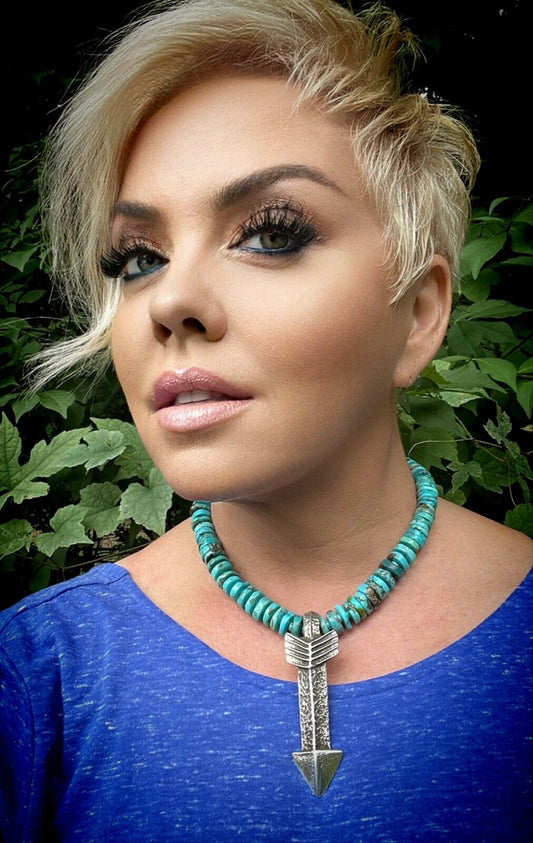 Natural Turquoise & Sterling Silver Tufa Cast Arrow Necklace