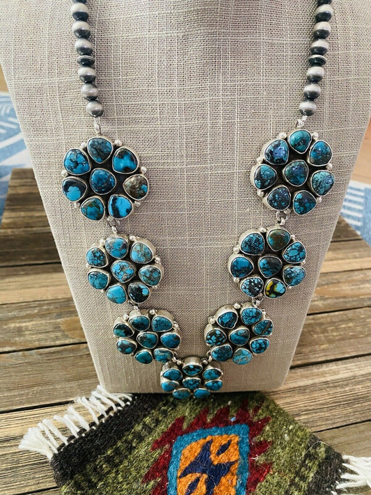 Handcrafted Natural Kingman & Sterling Silver Cluster Necklace