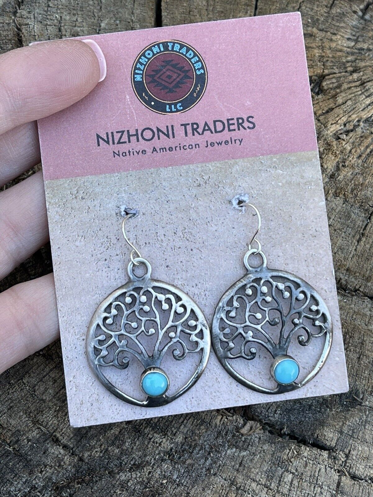 Navajo Sterling Silver Turquoise Tree Of Life Dangle Earrings